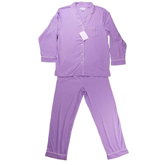 Pajamagram Pajama 2 Piece Purple Polka Dot Button Front Women's Medium Boyfriend - Picture 1 of 9